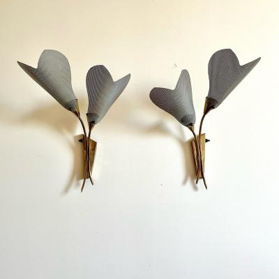Pair of Italian Mid Century Modern Sculptural Flower Sconces Brass 1940s