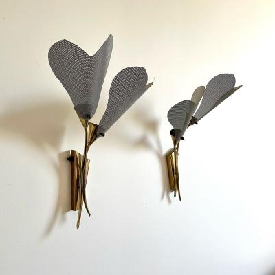 Pair of Italian Mid Century Modern Sculptural Flower Sconces Brass 1940s