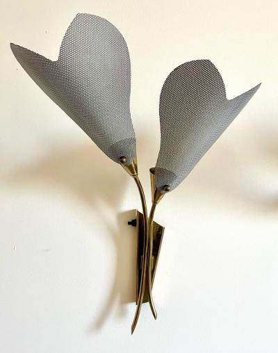 Pair of Italian Mid Century Modern Sculptural Flower Sconces Brass 1940s