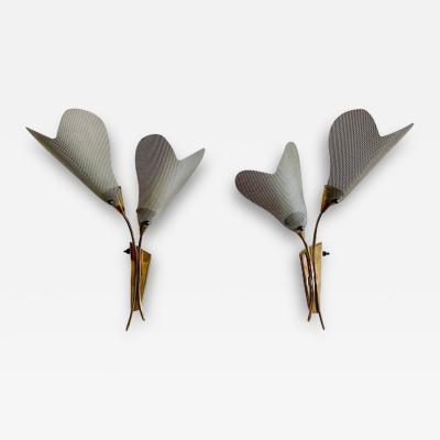 Pair of Italian Mid Century Modern Sculptural Flower Sconces Brass 1940s