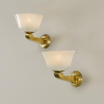 Pair of Italian Mid Century Murano Reticello Cup Glass and Brass Wall Lights