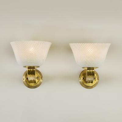 Pair of Italian Mid Century Murano Reticello Cup Glass and Brass Wall Lights