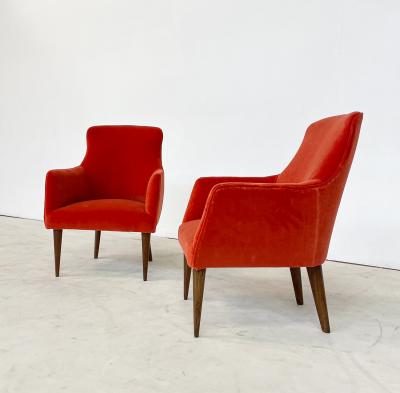 Pair of Italian Mid Century Red Velvet Armchairs