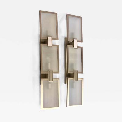 Pair of Italian Midcentury Style Nickel and Frosted Glass Sconces Flush Mounts