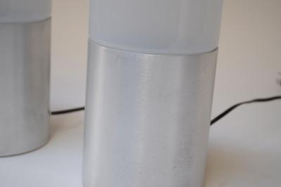 Pair of Italian Modern Bedside Table Lamps in Opaline Glass and Brushed Aluminum