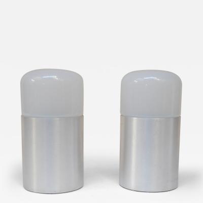 Pair of Italian Modern Bedside Table Lamps in Opaline Glass and Brushed Aluminum