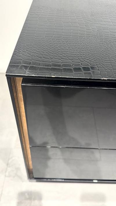 Pair of Italian Modern Black Lacquer Faux Crocodile Relief Night Tables