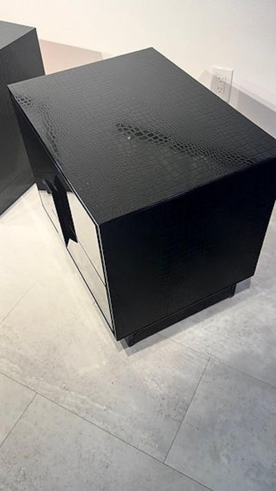 Pair of Italian Modern Black Lacquer Faux Crocodile Relief Night Tables