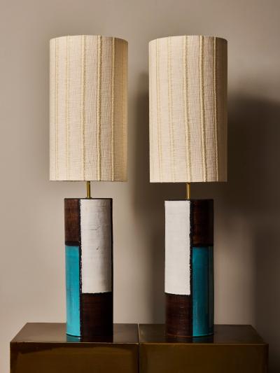 Pair of Italian Modern Ceramic Table Lamps in Turquoise White and Brown Glaze