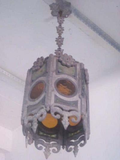 Pair of Italian Modern Gothic Zinc and Stain Glass Pendants Lanterns