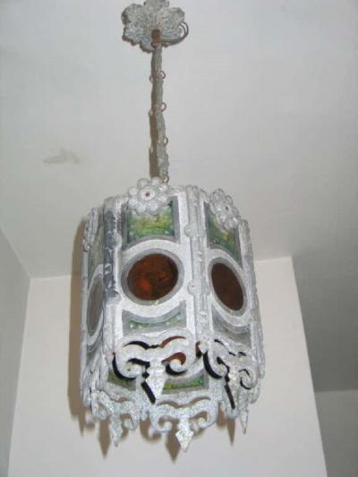 Pair of Italian Modern Gothic Zinc and Stain Glass Pendants Lanterns