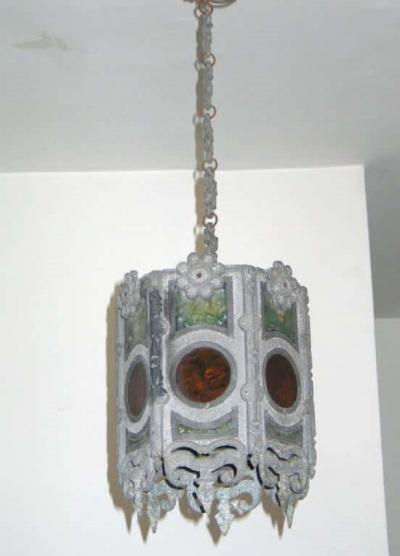 Pair of Italian Modern Gothic Zinc and Stain Glass Pendants Lanterns