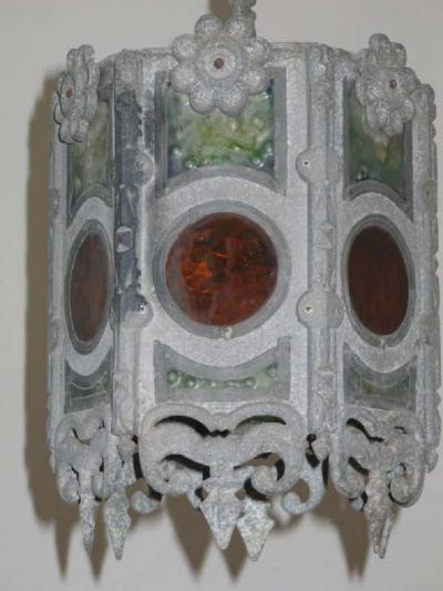 Pair of Italian Modern Gothic Zinc and Stain Glass Pendants Lanterns
