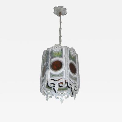 Pair of Italian Modern Gothic Zinc and Stain Glass Pendants Lanterns