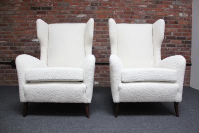 Pair of Italian Modern Tall Wingback Arm Chairs in Boucl and Walnut