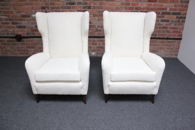Pair of Italian Modern Tall Wingback Arm Chairs in Boucl and Walnut