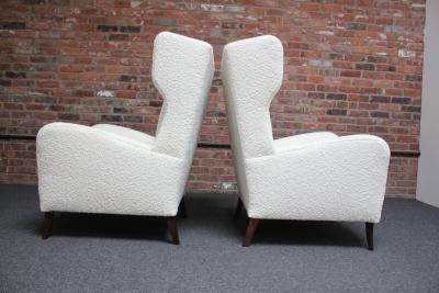 Pair of Italian Modern Tall Wingback Arm Chairs in Boucl and Walnut