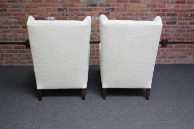 Pair of Italian Modern Tall Wingback Arm Chairs in Boucl and Walnut