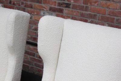Pair of Italian Modern Tall Wingback Arm Chairs in Boucl and Walnut