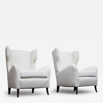 Pair of Italian Modern Tall Wingback Arm Chairs in Boucl and Walnut