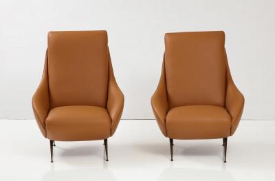 Pair of Italian Modernist Leather Lounge Slipper Chairs Italy circa 1950