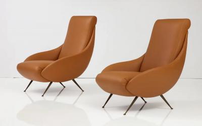 Pair of Italian Modernist Leather Lounge Slipper Chairs Italy circa 1950
