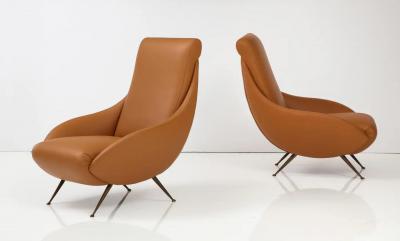 Pair of Italian Modernist Leather Lounge Slipper Chairs Italy circa 1950