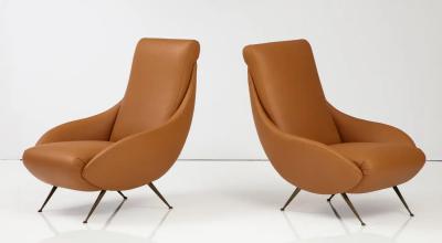 Pair of Italian Modernist Leather Lounge Slipper Chairs Italy circa 1950