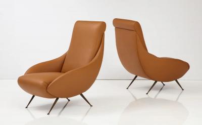 Pair of Italian Modernist Leather Lounge Slipper Chairs Italy circa 1950