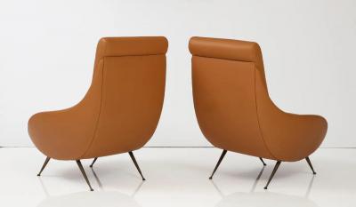 Pair of Italian Modernist Leather Lounge Slipper Chairs Italy circa 1950