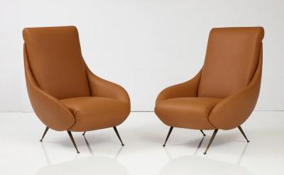 Pair of Italian Modernist Leather Lounge Slipper Chairs Italy circa 1950