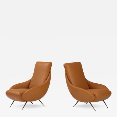 Pair of Italian Modernist Leather Lounge Slipper Chairs Italy circa 1950