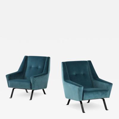 Pair of Italian Modernist Velvet Lounge Chairs Italy circa 1960