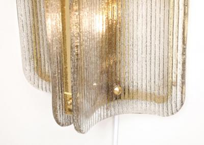 Pair of Italian Murano Glass and Brass Vertical Sconces with Clear Ribbed Glass