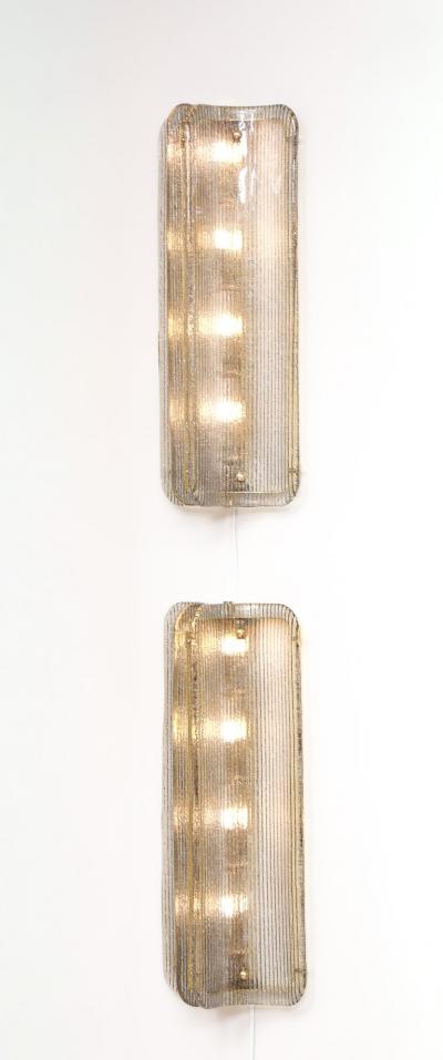 Pair of Italian Murano Glass and Brass Vertical Sconces with Clear Ribbed Glass