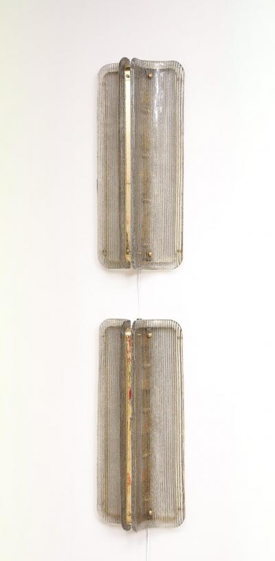 Pair of Italian Murano Glass and Brass Vertical Sconces with Clear Ribbed Glass