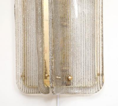 Pair of Italian Murano Glass and Brass Vertical Sconces with Clear Ribbed Glass