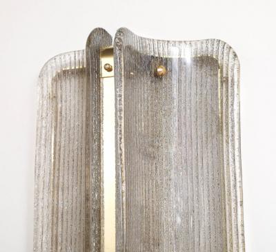 Pair of Italian Murano Glass and Brass Vertical Sconces with Clear Ribbed Glass