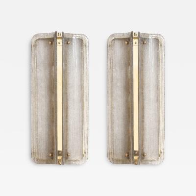 Pair of Italian Murano Glass and Brass Vertical Sconces with Clear Ribbed Glass