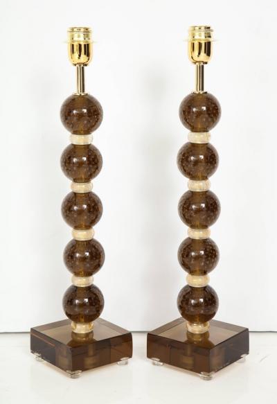Pair of Italian Murano Pulegoso Sphere Glass Lamps in Bronze and Gold Signed