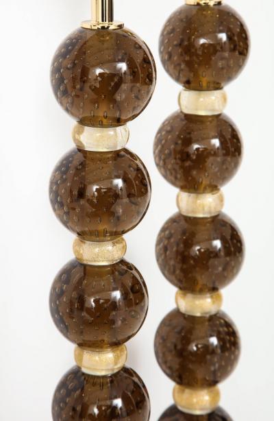 Pair of Italian Murano Pulegoso Sphere Glass Lamps in Bronze and Gold Signed
