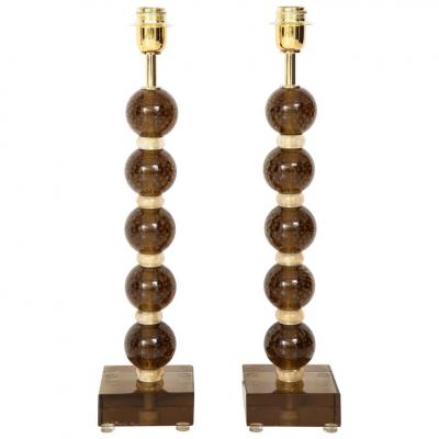 Pair of Italian Murano Pulegoso Sphere Glass Lamps in Bronze and Gold Signed