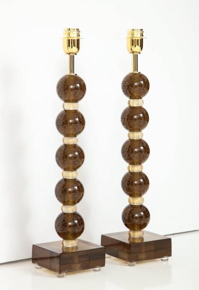Pair of Italian Murano Pulegoso Sphere Glass Lamps in Bronze and Gold Signed