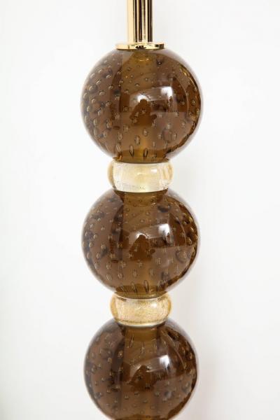 Pair of Italian Murano Pulegoso Sphere Glass Lamps in Bronze and Gold Signed