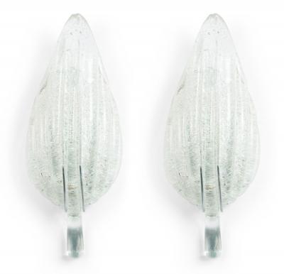 Pair of Italian Murano Silver Dusted Glass Leaf Wall Sconces