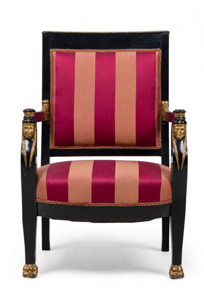 Pair of Italian Neo Classic Ebonized and Parcel Gilt Red Upholstered Armchairs
