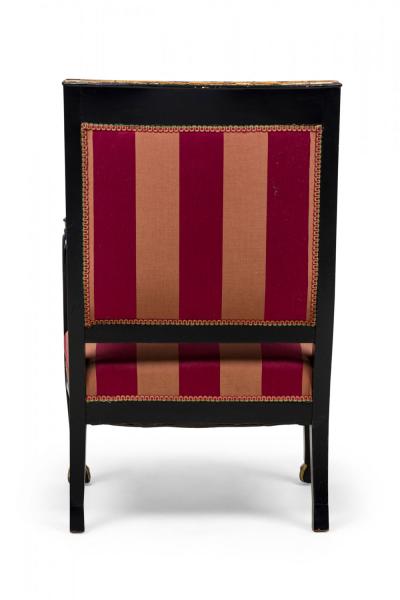 Pair of Italian Neo Classic Ebonized and Parcel Gilt Red Upholstered Armchairs