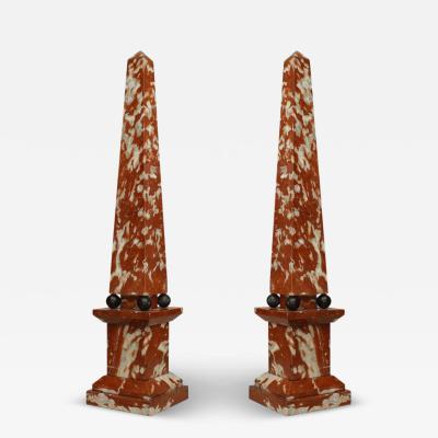 Pair of Italian Neo Classic Rouge and Marble Obelisks