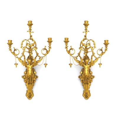 Pair of Italian Neoclassic Empire Gilt Wood Wall Sconces