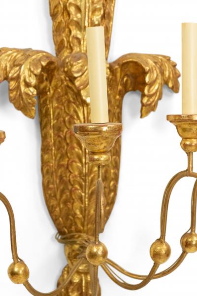 Pair of Italian Neoclassic Style Carved Palm Giltwood Wall Sconces